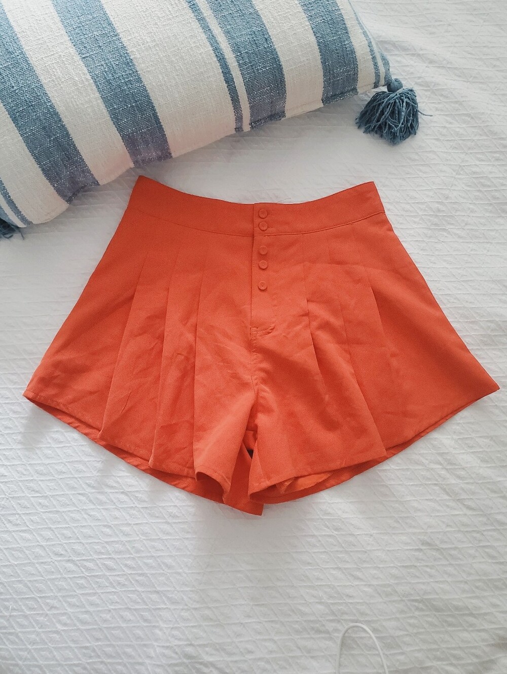 MUI MUI FANCY L.A -High-Waisted Coral Orange Pleated Flare Cheeky Shorts